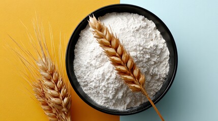 Bowl of white flour with golden wheat stalks beside it, set against a vibrant yellow and blue background, showcasing natural ingredients for baking and cooking purposes