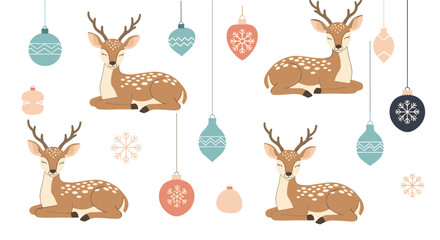 Cheerful cartoon deer with antlers lie peacefully among decorative Christmas ornaments and delicate snowflakes in a festive seamless pattern.
