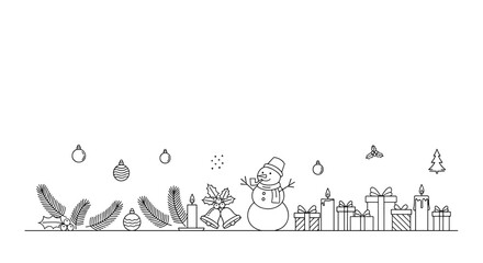 Minimalist Christmas and winter holiday line art illustration with a snowman, wrapped gifts, burning candles, hanging ornaments, and natural greenery elements.