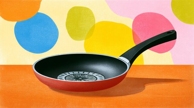Colorful frying pan with a black handle placed on a vibrant orange surface, surrounded by abstract shapes in bright colors, showcasing modern kitchenware design and artistic flair - Powered by Adobe