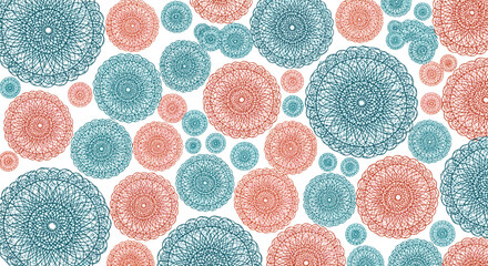 Seamless abstract pattern with intricate teal and coral circular mandalas of various sizes, creating a vibrant decorative background.