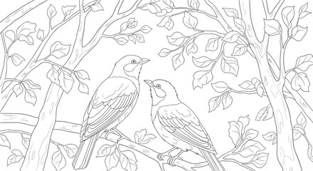 Two charming birds perched on a leafy tree branch, depicted in a detailed black and white line art style, perfect for a nature-themed coloring book.