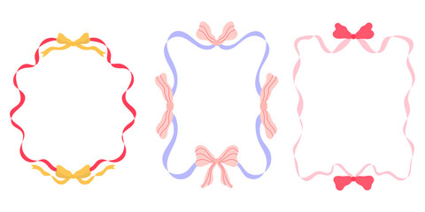 Ribbon frame vector set cute bow borders for wedding, valentine and festive designs