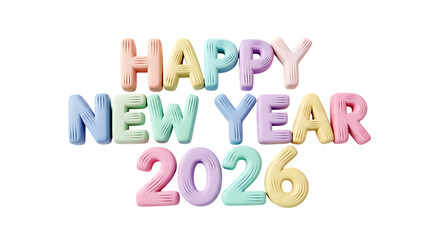 Happy new year 2026. png image. Happy new year 2026 pastel colored balloons text isolated on transparent background.