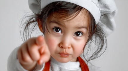 Young girl chef wearing white hat and apron, playfully pointing at the camera, showcasing her culinary enthusiasm and creativity in a bright kitchen environment with soft lighting