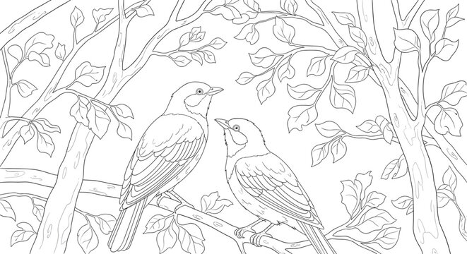 Two charming birds perched on a leafy tree branch, depicted in a detailed black and white line art style, perfect for a nature-themed coloring book.