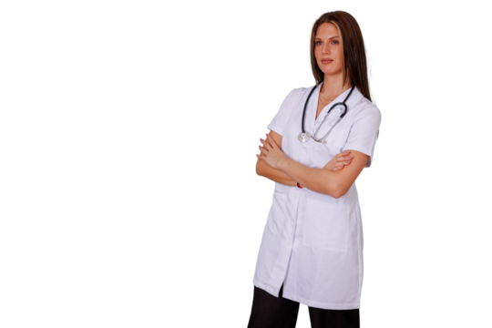 Medical professional standing with confidence, wearing a white coat and stethoscope, looking forward, promoting health and wellness