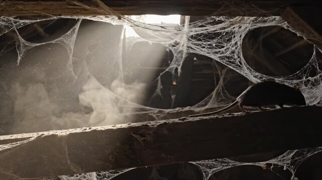 Silhouette of a rat running on a wooden beam amidst thick cobwebs and dust particles in sunbeams. This spooky abandoned scene fits horror and mystery concepts.