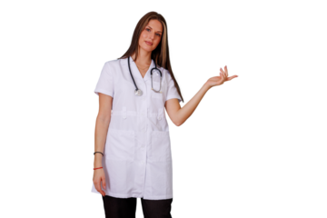 Female doctor or nurse smiling and presenting with open hand on a transparent background, medical healthcare professional