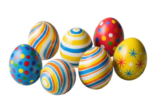 Seven hand-decorated Easter eggs with vibrant polka dots, wavy lines, and star motifs, arranged on a transparent studio background with bright lighting. Festive Easter holiday concept