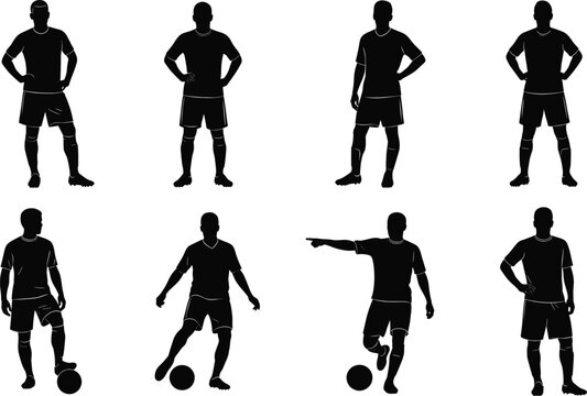 Soccer Player Silhouette Vector Collection Set Illustrating Various Standing, Dribbling, and Posing Action Shots for Football Sports, Team Lineups, and Athletic Design Concepts