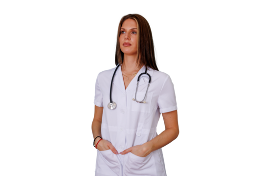 Female doctor wearing white coat and stethoscope, hands in pockets, looking away on transparent background