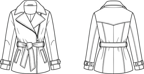 Cad drawing flat vector illustration, technical fashion sketch, trench coat front back view, belted waist lapel collar, garment design