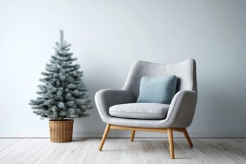Fototapeta premium Cozy armchair with decorative fir tree in minimalist interior.