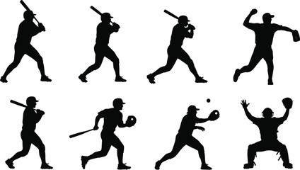 Dynamic Baseball Player Action Vector Silhouette Collection Set Illustrating Various Poses, Including Batting, Pitching, Running, and Catching for Sports and Athletic Design Concepts