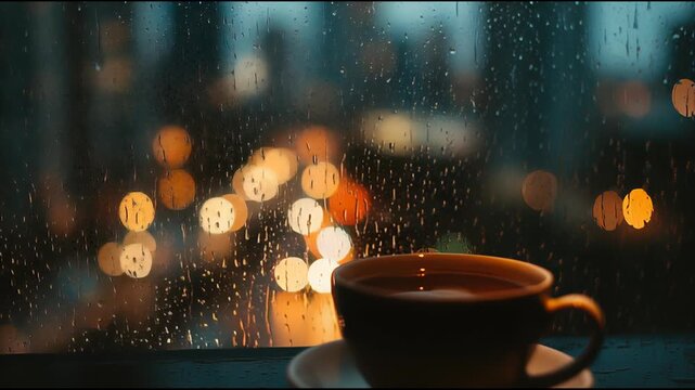 A close-up shot of rain drops hitting a window, blurring a background of city lights, a blurry but warm cup of coffee in the foreground, moody, cinematic, shallow depth of field.