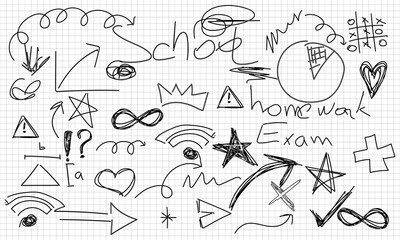 A collection of scribbles and drawings in black pen. Lines, arrows, and scribbles in black pen on the background of a grid notebook. Hand-drawn sketches, diagrams, and notes.