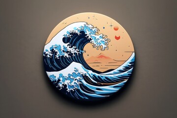 Japanese Wave Illustration with Sun and Landscape