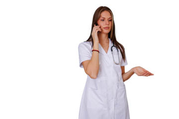 Female doctor or nurse in white lab coat making a phone call, looking confused, explaining something, transparent background