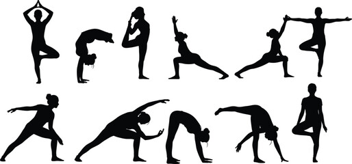Diverse Yoga Pose Silhouette Vector Collection Set Illustrating Various Asanas, Including Tree, Warrior, and King Pigeon Poses for Health, Wellness, Meditation, and Fitness Concepts
