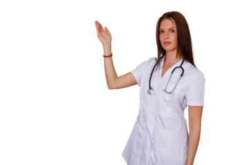 Female doctor presenting medical information, health communication, young nurse pointing hand gesture, transparent background