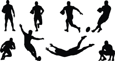 Dynamic Rugby and Football Player Silhouette Vector Collection Set Illustrating Various Action Poses, Including Running, Kicking, Diving, and Tackling for Sports and Competition Design
