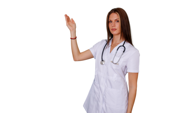 Female doctor presenting medical information, health communication, young nurse pointing hand gesture, transparent background