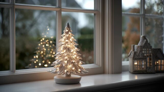 Christmas tree for small space, contemporary micro christmas tree on a window ledge, soft lighting, simple and serene festive style