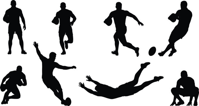 Dynamic Rugby and Football Player Silhouette Vector Collection Set Illustrating Various Action Poses, Including Running, Kicking, Diving, and Tackling for Sports and Competition Design
