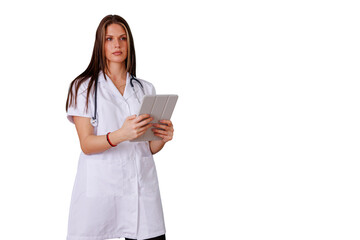 Female doctor or medical professional holding digital tablet, looking ahead, wearing lab coat and stethoscope, transparent background