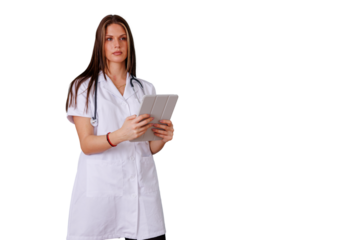 Female doctor or medical professional holding digital tablet, looking ahead, wearing lab coat and stethoscope, transparent background
