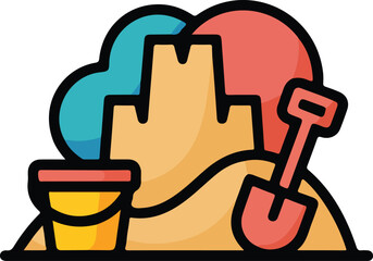 Vector sandcastle with bucket and shovel on a beach, representing summer vacation fun and play.