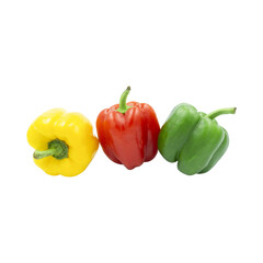Three colorful bell peppers yellow red and green isolated on white background.