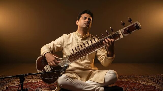 Traditional sitar performance in warm lighting with emotional expression and dynamic movement