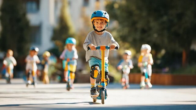 Joyful Scooter Parade: A spirited procession of children on colorful scooters, radiating youthful exuberance, navigate a sun-drenched pathway in perfect harmony.