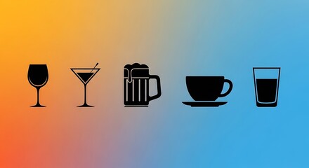 Variety of Drink Icons on Colorful Gradient Background.