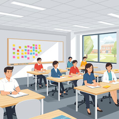 A group of diverse students sitting at individual desks in a modern classroom with a whiteboard and a window view.