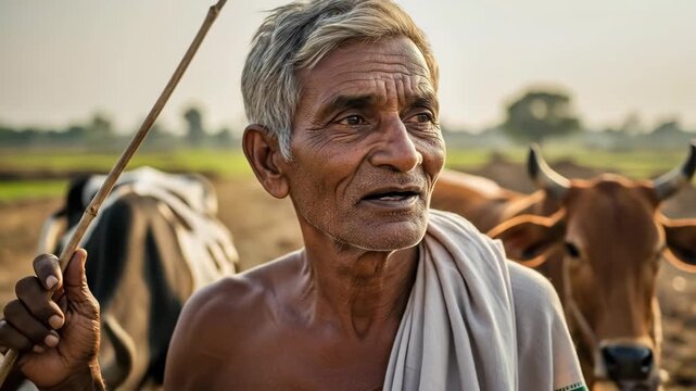 Elderly farmer guiding oxen in rural landscape at daybreak