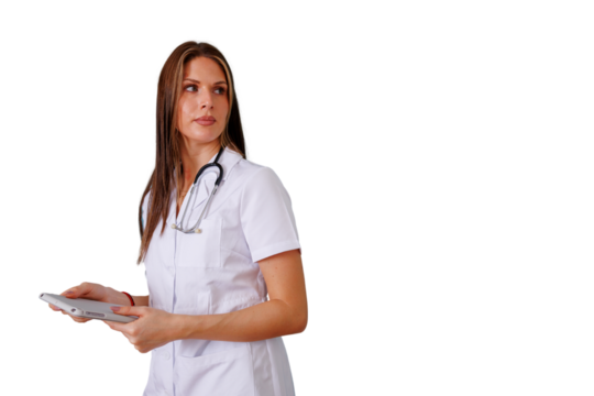 Woman doctor or nurse in white uniform and stethoscope looking right, holding a digital tablet on transparent background - Powered by Adobe