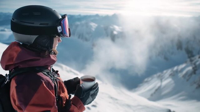 Hot Beverage amidst Snowy Peaks: A serene individual, clad in winter gear, pauses to savor a warm drink, taking in breathtaking views of a snow-covered mountain range, enveloped in ethereal mist.