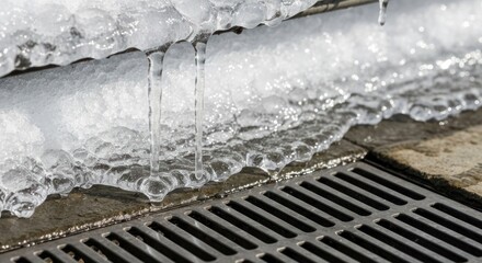 Icicles dripping from a frozen gutter onto a metal drain grate