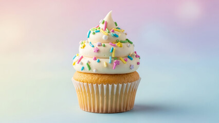 A beautifully decorated vanilla cupcake topped with swirl frosting and colorful sprinkles on a pastel background.