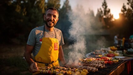 BBQ Master: A skilled individual, beams with pride and expertise as they skillfully oversee the sizzling barbecue grill. Surrounded by an array of colorful ingredients and smoke.