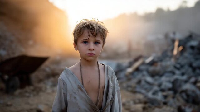 4K  hyper-detailed cinematic documentary-style scene of a very young child working at a dangerous construction site. The child stands in the foreground, wearing worn, dust-covered cl