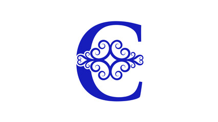 Stylized blue capital letter C with an ornate, decorative filigree swirl design on a white background.