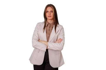 Confident businesswoman posing with crossed arms, symbolizing professionalism, success, and leadership on transparent background