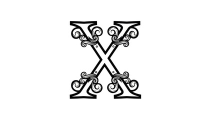 A decorative capital letter X in a black and white ornate, vintage style with elegant swirls and flourishes.