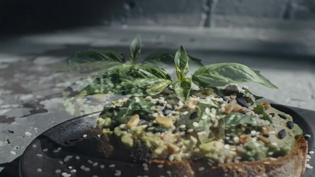 Healthy avocado toast with seeds and basil on dark plate