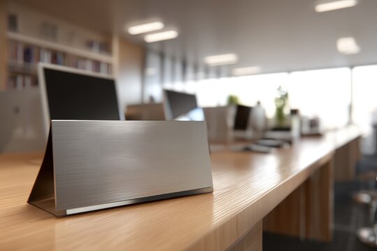 Blank metal nameplate on a wooden desk in an office