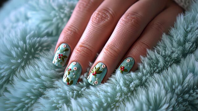 Close-up of a womans hand with festive nail art resting on a soft, fluffy teal blanket, showcasing intricate holiday designs on each nail.